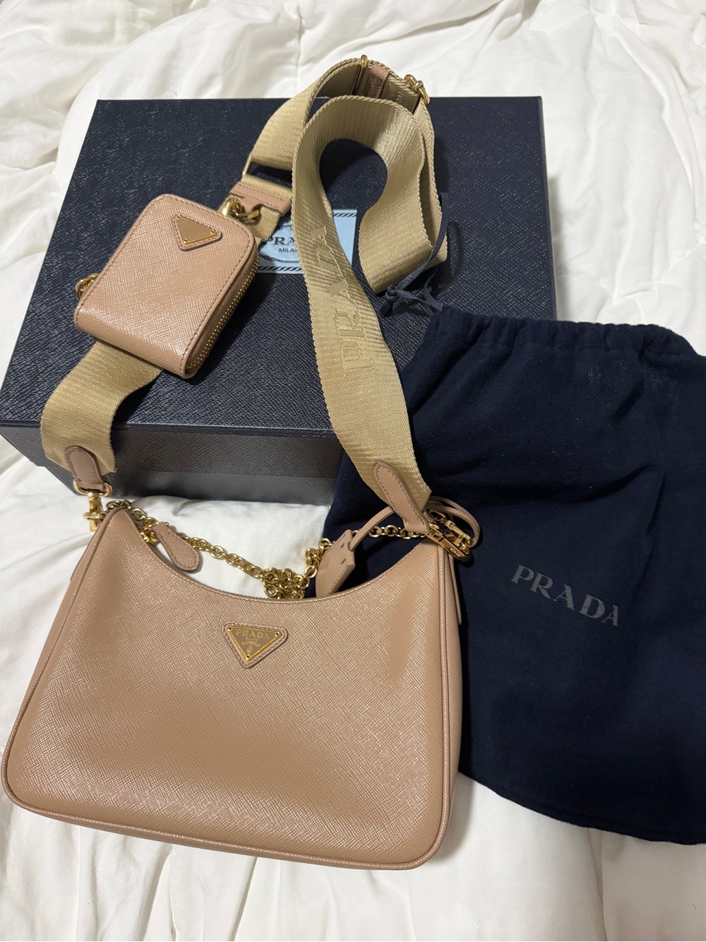 Prada Beige Saffiano Shoulder Bag with Wide Beige Strap and Gold Hardware